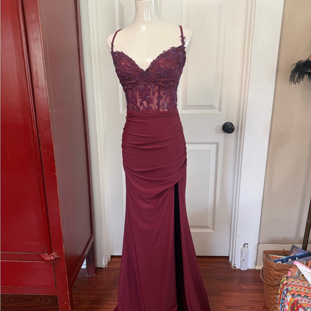 La Femme Burgundy Lace Prom Dress